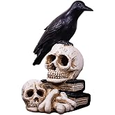 realideas Perched Raven On Skull Raven Crow on Books Halloween Decoration, Gothin Bird Crow on Skeleton Books Figurine Statue Home Decor Gift