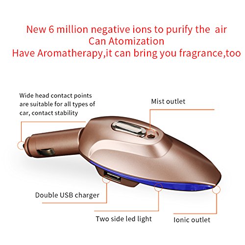 Car air purifier ionizer , 2 USB ports car charger,Car air freshener aromatherapy essentioal oil diffuser and air humidifier for 12V car/24V Vehicle - Thumbnail 6