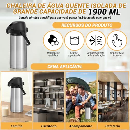 Garrafa Térmica Inox com Ampola Aço, Garrafa Térmica Inox Café, Garrafa Termica Grande, 1900Ml, AçO InoxidáVel 304, Base Rotativa de 360 ° Para SaíDa de áGua Mais FlexíVel