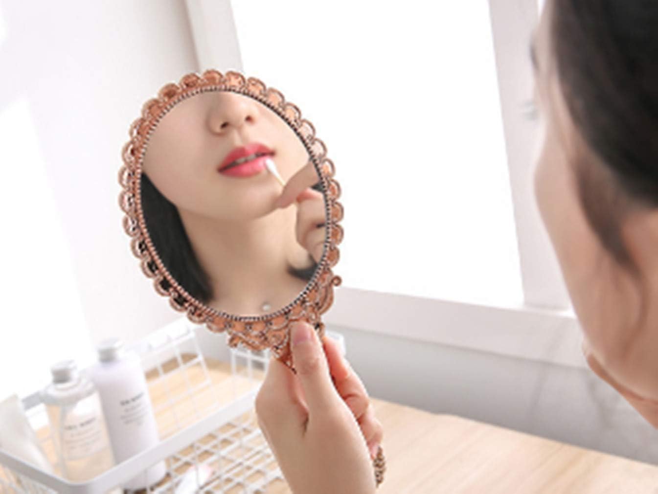 Dzrige Handheld Mirror Vintage Pattern Handle Makeup Mirror Hand Held Travel Mirrors Personal Cosmetic Mirror with Powder Puff (Pink): Kitchen & Dining