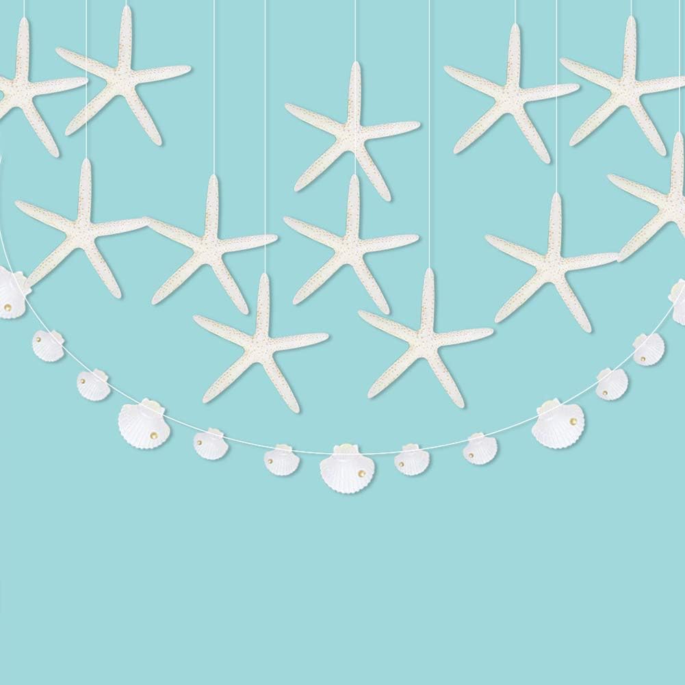 Flat Paper White Finger Starfish Sea Shell Garland Ocean Coastal Nautical Party Decoration Hanging Bunting Banner Under The Sea LIttle Mermaid Birthday Party Beach Wedding Baby Shower Party Supplies