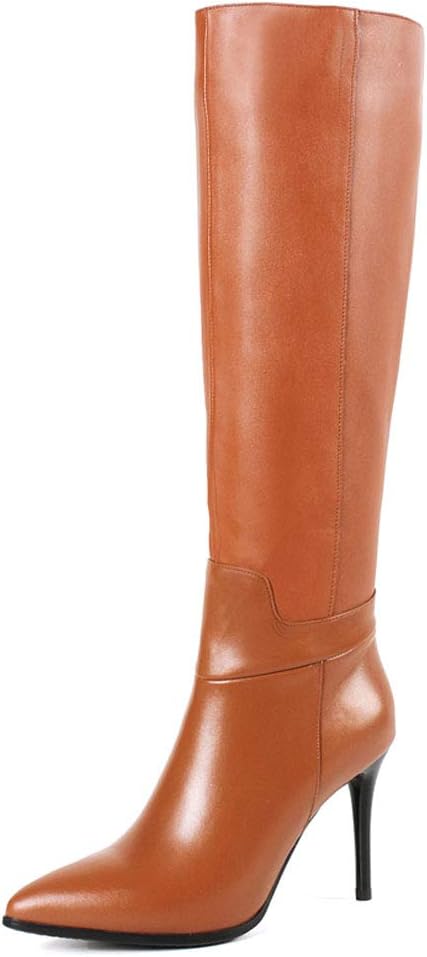 vocosi Women's Leather Knee High Boots Pointy Toe Side-Zip High Heels Dress Boots