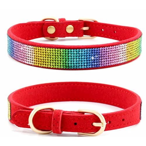 Haoyueer Rhinestone Dog Collar, Cute Dazzling Sparkling Soft Suede Leather Dog Cat Rhinestone Collar Crystal Diamond Pet Dog Puppy Collar (XS, Red-2)