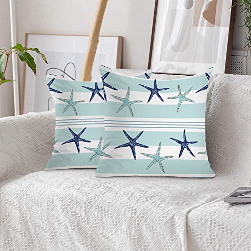 BaoNews Coastal Navy Blue Pillow Covers, Coastal Starfish Repeat Pattern Navy Turquoise Square 16 x 16 Inches Decorative…