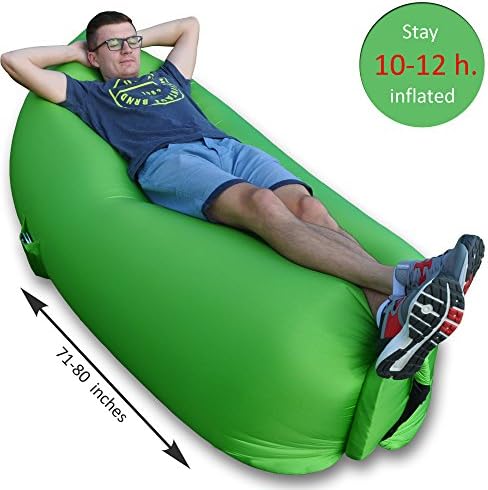 Inflatable Lounger Air Filled Balloon Furniture with pockets PartyPad stay inflated longer 10-12 hours Inflatable Couch Air Lounger inflates quickly Hangout Bag can support 3 people at once, (green)