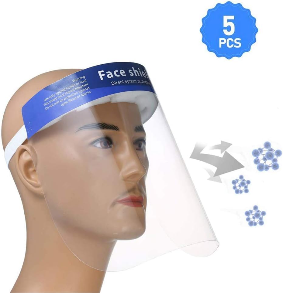 5 Packs Face Shield Medical Full Face Protect Eyes and Face Plastic Face Shield with Safety Protective Clear Film Elastic Band and Comfort Sponge Dental Face Shield for Men Women