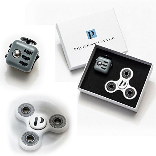 Professionale Fidget Spinner and Fidget Cube Combo 2 in 1 Set | Anti-Anxiety Toy for Kids and Adults | Relieves ADHD Anxiety Boredom | Ceramic Bearings | Premium Quality | Gift Bundle Box (White/Grey)