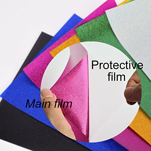Newcomdigi 6 Sheets Glitter Heat Transfer Vinyl, Adhesive Vinyl Glitter Sparkle Vinyl Sheets Glow Fine Particles A4 Size