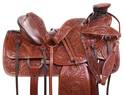 ME Enterprises Size 14″ 15″ 16″ 17″ 18″ Wade Tree A Fork Premium Western Leather Roping Ranch Work Horse Saddle TACK Headstall, Breastplate (14.5″ Inches Seat)