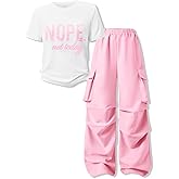 Voxikidio Girls Clothes Little Girl Outfits Letter Print Short Sleeve Tops & Cargo Pants 2PCS Girls Clothing 7-16 Years