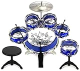 Velocity Toys 11 Piece Children's Kid's Musical Instrument Drum Play Set w/ 6 Drums, Cymbal, Chair, Kick Pedal, Drumsticks (Blue)