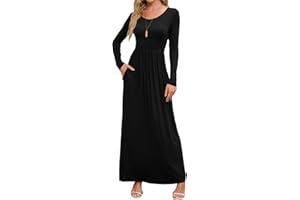 DEARCASE Women's Maxi Dress Long Sleeve Crewneck Loose Plain Casual Empire Waist Fall Party Long Dresses with Pockets