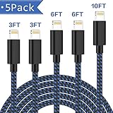 TNSO MFi Certified iPhone Charger Lightning Cable 5 Pack [3/3/6/6/10FT] Extra Long Nylon Braided USB Charging & Syncing Cord Compatible iPhone Xs/Max/XR/X/8/8Plus/7/7Plus/6S/6S Plus/SE/iPad/Nan More