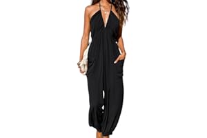 Luvani Plunge Halter Jumpsuit, Sexy Sleeveless Pleated Long Romper, Knit Jogger Maxi Jumpsuit, with Pockets Beach Cover Up.