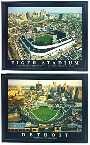 Detroit Tigers Comerica Park and Old Tigers Stadium - Set of 2 Framed Lithographs of Dramatic Aerial Photos - Treasured Collector Items and Unique Gift!