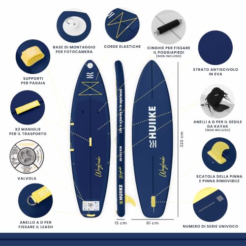 HUIIKE Inflatable Sup Board for Adults Touring with Accessories Included, Paddle, Fin, Leash, Pump and Backpack. Stand Up Paddle Board of Great Stability and Resistance. Convertible into Kayak