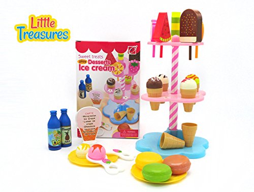 Sweet treats pretend play set from Little Treasures – Complete with desserts, ice cream, cones, popsicles, cookies, sauces, plates, spoons, sign, and stand – play set for children 3+