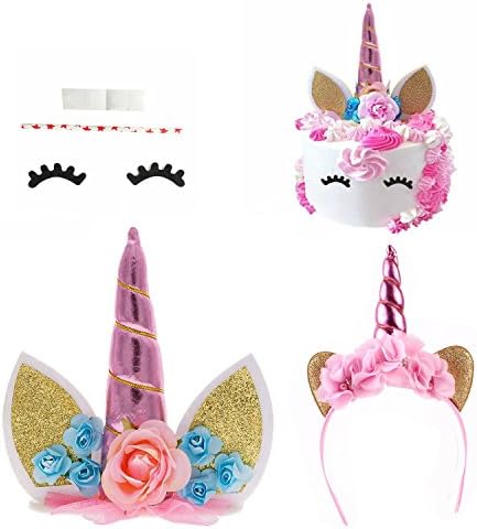 Unicorn Cake Topper for Birthday Party, Baby Shower and Wedding Party, Bonus with Eyelashes and Unicorn Headband Unicorn Party Supplies