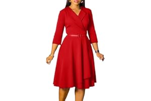Elainone Women 3/4 Sleeve Casual Swing Flared A Line Dress Wedding Guest Semi Formal Office Work Dresses with Belt