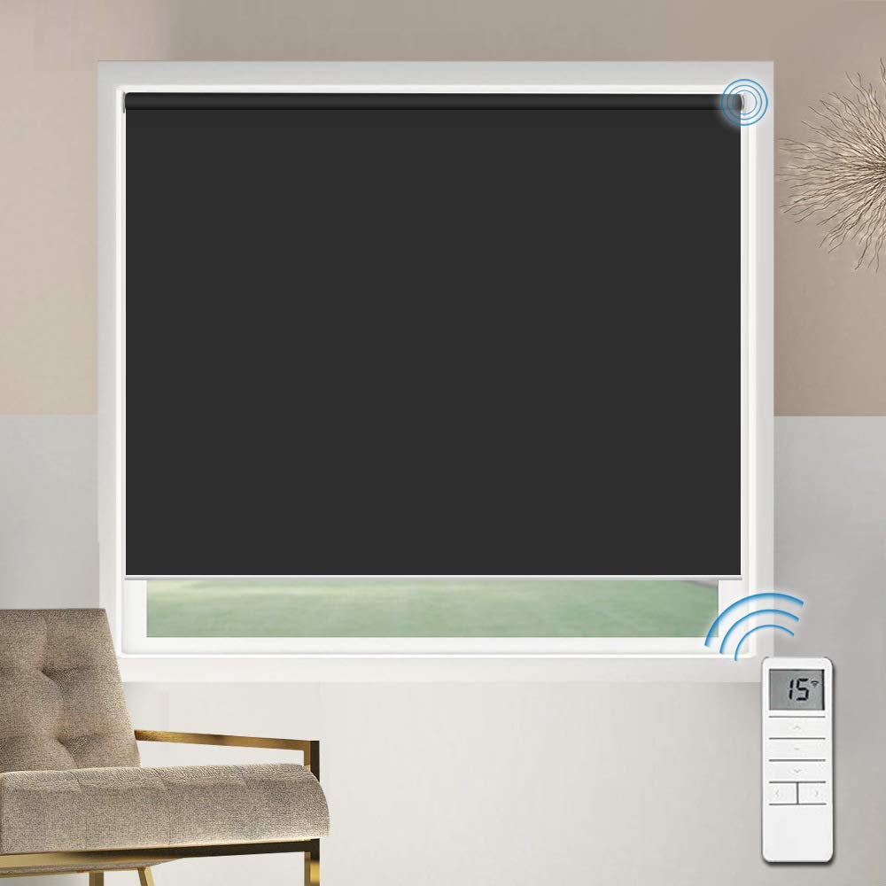 Motorized Blackout Valanced Window Shades, Remote Control Wireless and Rechargeable Roller Blinds with Top Valance, UV Protection Black Fabric Roller Shades for Windows, Doors, French Door