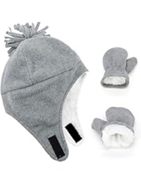 Zando Baby Boy Sherpa Lined Warm Fleece Pilot Hat Infant Toddler Winter Hat Mitten Set B Solid Light Grey/Mittens Set 4-7 Age