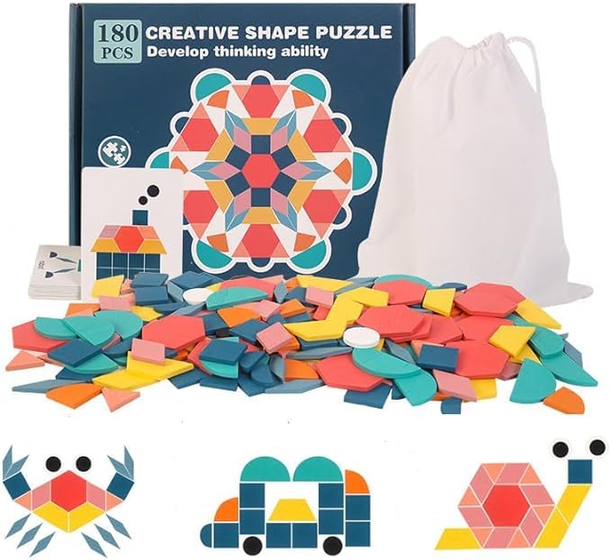 EACHHAHA Tangram Shape Puzzle,180 Pcs Wooden Pattern Blocks,Creative Jigsaw Puzzle Toys for Kids,Montessori Educational Learning Toys for 3 4 5 Year olds Boys and Girls