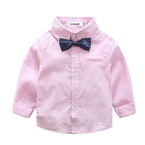 Baby Boy Shirt and Tie Sets Long Sleeve Woven Top+ Bowknot+ Shorts with Suspender Straps Outfits (18-24month, Pink)