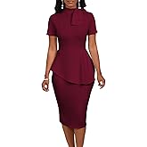 WanMem Women Formal Bodycon Peplum Cocktail Dress Short Sleeve Bow Ruffle Pencil Party Midi Dresses