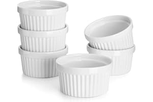 Sweese 8 oz Ramekins Set of 6, Creme Brulee Ramekins Oven Safe, Porcelain Ramiken Set, Souffle, Custard Cups for Baking and Ice Cream Bowl, White