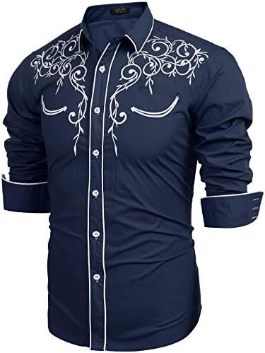 Modefine Men's Casual Fashion Long Sleeve Embroidery Slim Fit Dress Shirt Button Downl Shirt