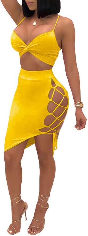 KaximilWomen's Sexy Sleeveless Bodycon Club Mini Dress 2024 Summer Spaghetti Strap Cut Out Two Piece Skirt Sets