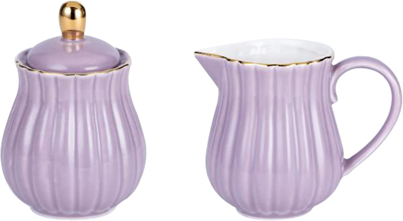 YBK Tech Porcelain Milk jug and Sugar Bowl Set for Coffee Tasting Drinking- Stripe Design (Purple)