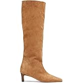 Coutgo Womens Knee High Boots Wide Calf Kitten Heel Pointed Toe Long Boots Pull On Winter Dress Shoes, Light brown, size 9