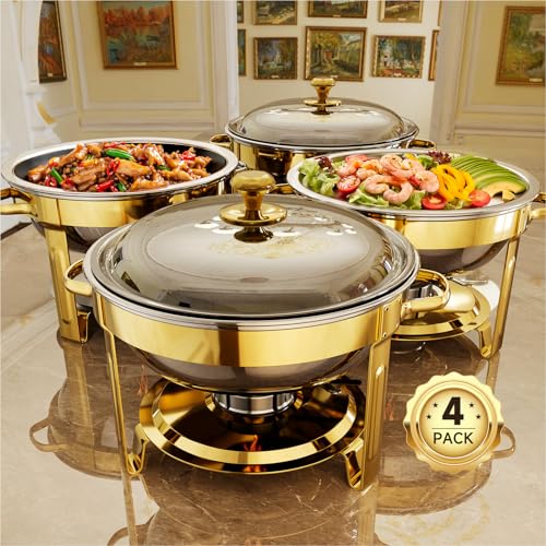 Chafing Dishes for Buffet, 4 Pack 5QT Round Stainless Steel Chafing Dish Set for Home Parties, Christmas Gatherings, Catering Events Complete Buffet Warmer Set (Golden, 4PACK)