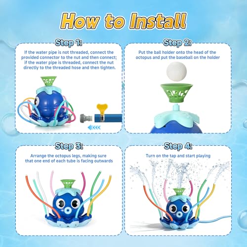 Fagalil Water Sprinkler Baseball Toy, Octopus Kids Water Sprinklers T Ball Set with Bat 4 Balls 2 in 1 Summer Outside Toys Backyard Lawn Games for Kids Outdoor Play Toys Ages 3-12 (Blue)
