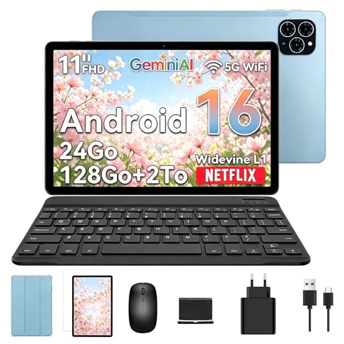 TABWEE Android 16 Tablette avec Clavier - 11 Pouces, 24Go+128Go(2To TF), Unisoc T615, 8000 mAh, 13 MP+5 MP, Gemini AI, Widevine L1, 5G WiFi, Claviers, Souris, Stylet et Tablette Tactile - Bleu