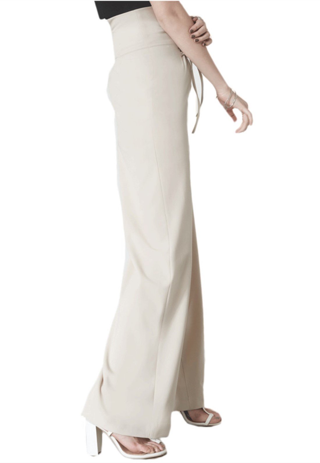 Womens Palazzo High Waist Stretch Pants OL Lace Up Corset Wide Leg Trousers Slim Fit (M, Beige)