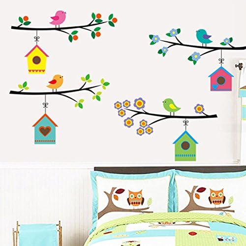 Wallpark Cartoon Small Bird Cages Tree Branch Removable Wall Sticker Decal, Children Kids Baby Home Room Nursery DIY Decorative Adhesive Art Wall Mural