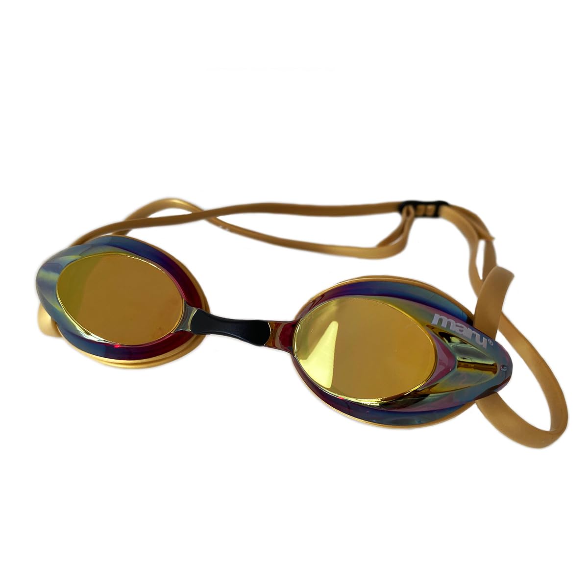 MARU Pulse Racing Swim Goggles (Gold/Pink/Blue) – Adult Swimming Goggles with Anti-Fog Mirror Lenses – Low-Profile Fit, Adjustable Nose Bridge & Soft Silicone Seal – Ideal for Competitive Swimmers
