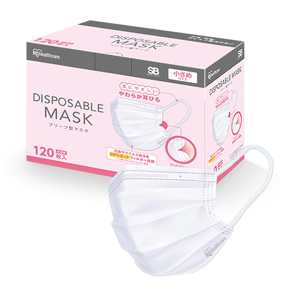 アイリスオーヤマ(IRIS OHYAMA) 不織布マスク プリーツ 大容量 120枚入 小さめサイズ 幅14.5センチ 耳が痛くならない ホワイト 白 【Amazon.co.jp限定】商品画像