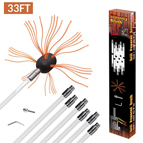 REALFLO 33ft Chimney Brush rod kit,Electrical Rotary Drill Drive Sweeping Cleaning Tool Kits with Nylon Flexible Rods (10 rods)