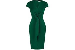 GRACE KARIN Women's Summer Midi Dresses Cap Sleeve Tie Waist Work Dress Slit V-Neck Bodycon Dress Business Casual Outfits