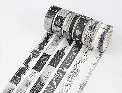 Bblythe 12 Rolls Washi Tape Black and White Sticky Paper Tape for DIY, Decorative Craft, Gift Wrapping, Scrapbook Washi Tapes Vintage Masking Tape Stamp Postmark Letter Animal Panda Music