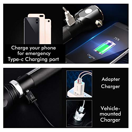 8 in 1 Multi Function USB Rechargeable Solar Powered Flashlight with Glass Breaker,Seatbelt Cutter,Siren and Power Bank, Car LED Tactical Flashlight for Camping,Hiking,Night Walking