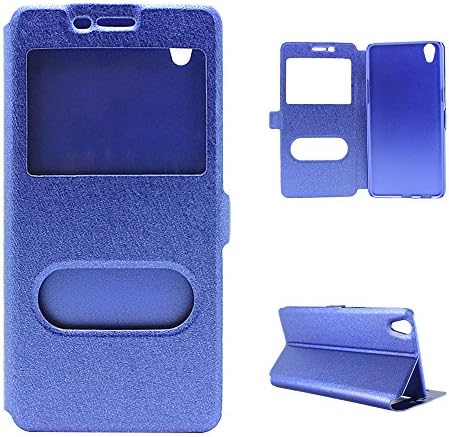LUSHENG Case for OPPO R9,[Clear Window View] Premium Leather Flip Cover Silk Texture Case with Kickstand - Blue