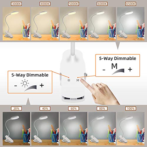 Clip on Light Reading Lights, YIIMER LED Clamp Desk Lamp with 5 Color Modes & 5 Brightness Levels, 3000-6500K Reading Light for Desk, Bed Headboard, Touch Control LED Clip on Light with 360° Gooseneck