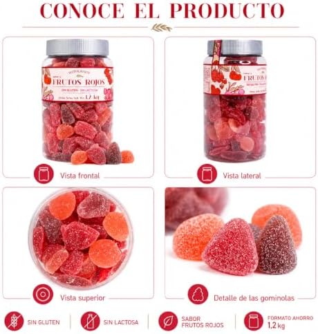 Gominolas Frutos Rojos 1,2 kg Bote Grande. Surtido de Caramelos de Goma Fresa Uva Cereza, Chuches Blandas Sin Gluten y Sin Lactosa, Ideal para Fiestas Cumpleaños Candy Bar.