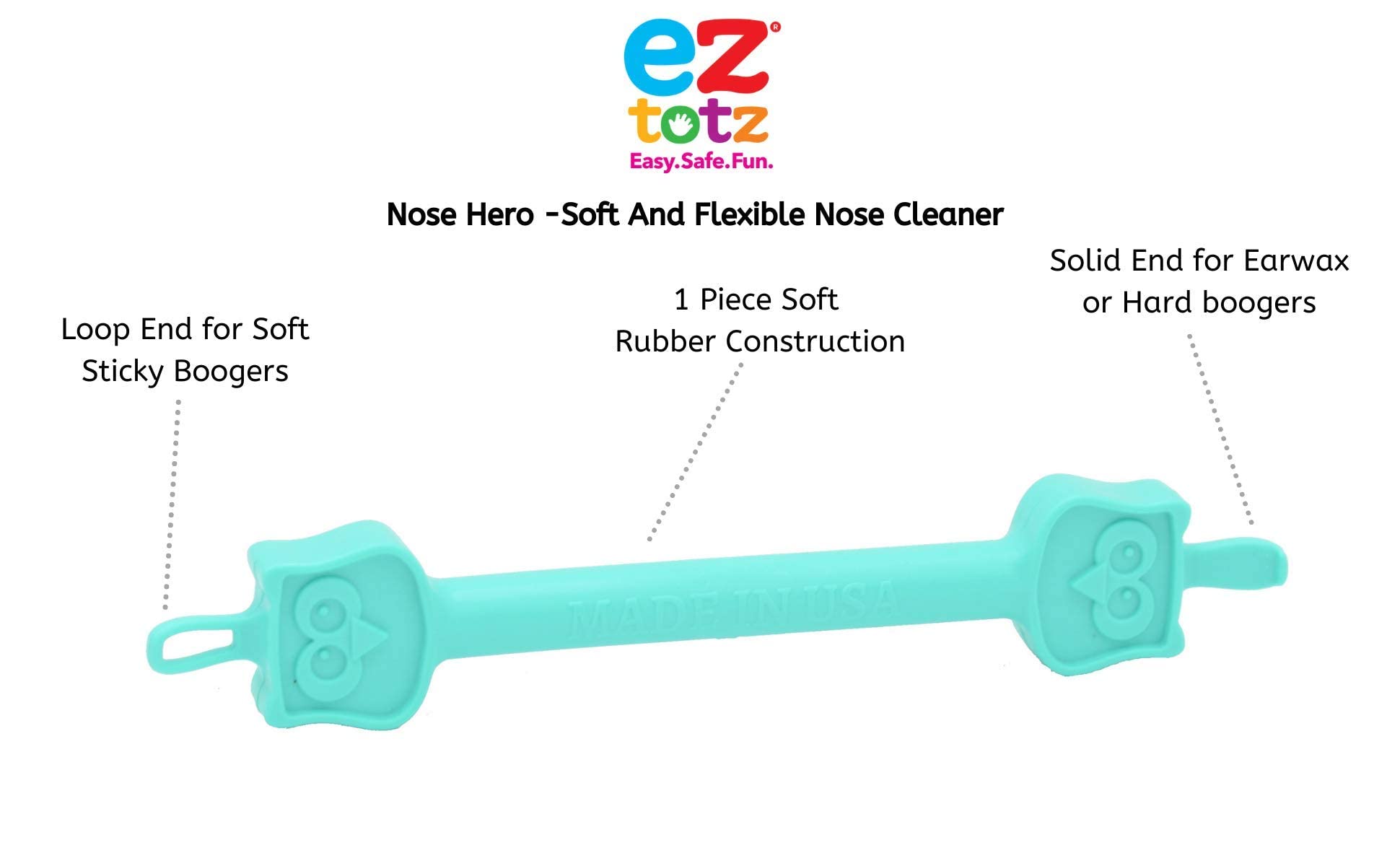 Nose Hero - Baby Nose and Ear Cleaner Tool - Made in USA 100% Soft Flexible Rubber Infant Booger Picker - Essential Baby Care Products - Nasal Boogie Sucker Tool - Safe, BPA Free