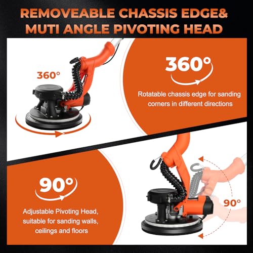 Electric Drywall Sander with Vacuum Dust Collection, 1000W Popcorn Ceiling Removal Tool, 1000-2100RPM 5 Variable Speed, LED Light, Foldable & Extendable Wall Sander with 12 Sanding Discs
