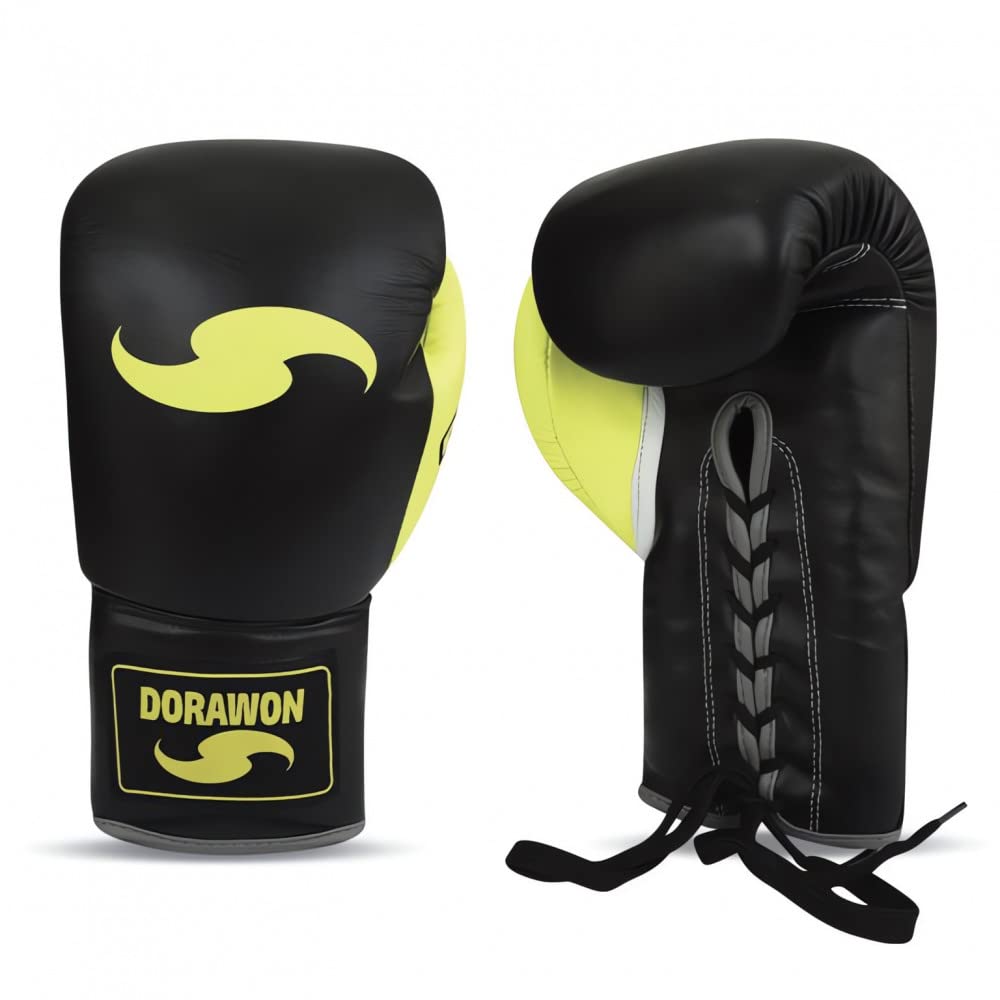 DORAWON, Professional Leather Boxing Gloves with Lace-up Gel, Black and Lime Green